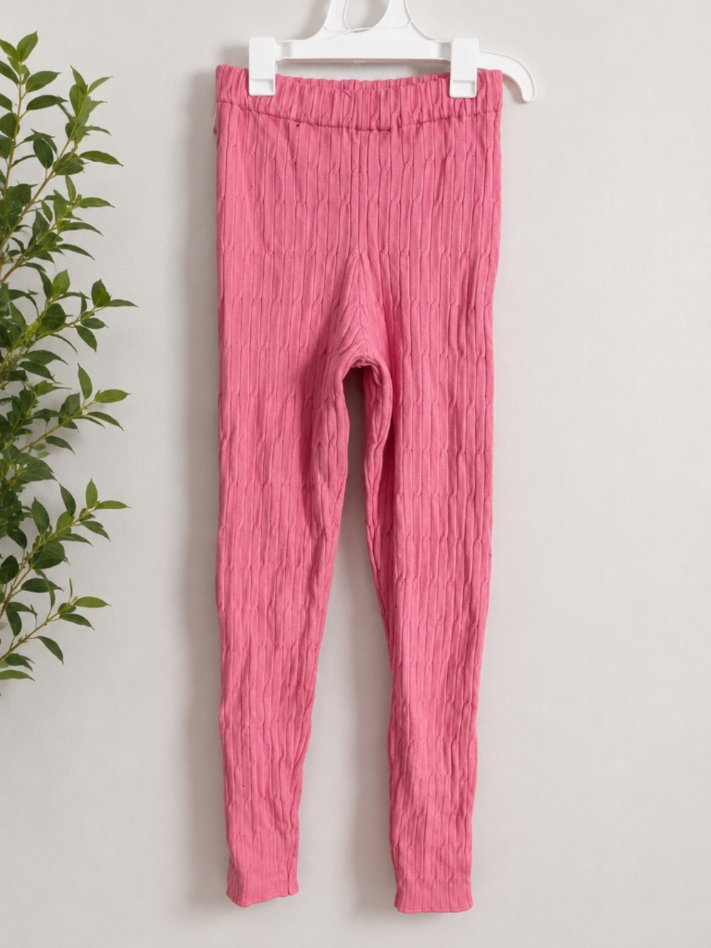 Pink Cable Knit Leggings Women's Ribbed Stretch Pants